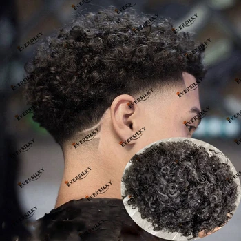 12 мм Мужчины Афро Кудрявые Человеческие Волосы Прозрачный Поликожа Замена Волос Протез Капиллярная Система Прочный Натуральные Волосы Парик
