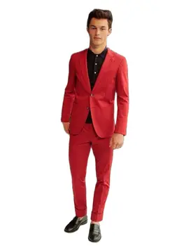 2022 Модный красный блейзер Брюки Жених Смокинги Облегающий Крой Мужское пальто с карманами 2 пуговицы Костюм для молодых мужчин 2 шт. Портной (куртка + брюки)