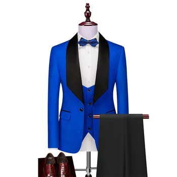 2023 Новые мужские костюмы Королевский синий / черный жених Шаль Атласный лацкан Женихи Свадьба Лучший мужчина (пиджак + брюки + жилет )