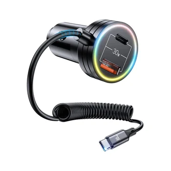 60 Вт Автомобильное зарядное устройство Mini USB с кабелем Quick Type C длиной 1,2 м, 3-портовое автомобильное зарядное устройство с 30 Вт PD3.0 QC 3.0