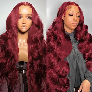 99j Бордовый кружевной передний парик из человеческих волос Body Wave 13x4 Кружевной фронтальный парик Hd Прозрачный бразильский красный цвет Remy Парики для женщин