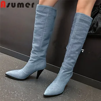 ASUMER 2023 Новый топ продаж джинсовые ботинки челси с шипом на высоком каблуке до колена сапоги с острым носком женские сапоги на осенних сапогах