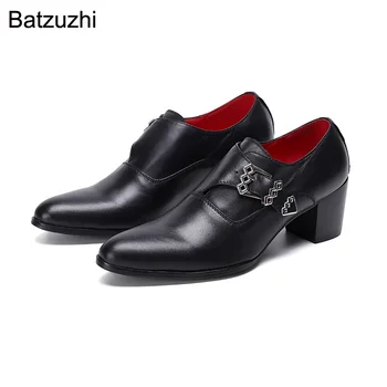 Batzuzhi 7 см Высокие каблуки Мужская обувь с острым носком Черный Натуральная кожа Платье Обувь Мужчины Пряжка Ремешок Деловая Кожаная Обувь Мужская!