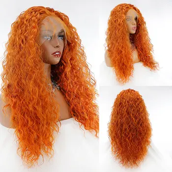 Bombshell Ginger Orange Loose Curly Synthetic Lace Front Wigs Бесклеевые высококачественные термостойкие волокна Предварительно выщипанные детские волосы