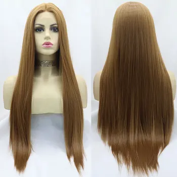 Bombshell Gold Brown Straight Synthetic 13X4 Lace Front Wigs Бесклеевые высококачественные термостойкие волокна для волос для черных женщин Парик