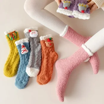 Coral Velvet Mid-tube Рождественские носки для женщин Осень-зима с бархатным утолщением Спящий теплый Милые плюшевые месячные носки