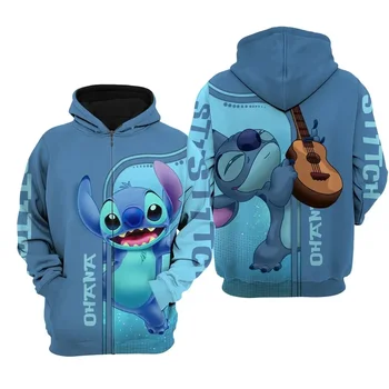 Disney Cute Stitch Толстовка с капюшоном 3D-печатная Disney Stitch Ohana Zipper Толстовка с капюшоном Street Casual Спорт Пуловер унисекс