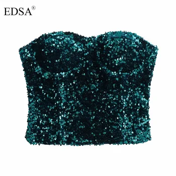 EDSA Женская мода Блузка-бандо с пайетками Прямой вырез Внутренняя пена Невидимая боковая молния Укороченные топы Уличная одежда