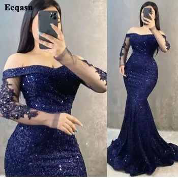 eeqasn блеск темно-синий русалка вечерние платья с пайетками с длинными рукавами женщины формальные выпускные платья 3D цветочные бусины специальное платье для вечеринки