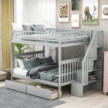 Euroco Полноценная двухъярусная кровать с полками для хранения и 2 ящиками для хранения для детской комнаты, серый
