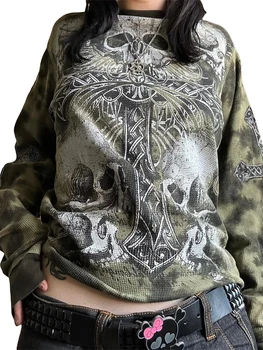 Fairy Grunge Goth Мешковатые рубашки с длинным рукавом Одежда для женщин Хэллоуин Череп Графические топы 2000-е годы Эмо-сцена Одежда