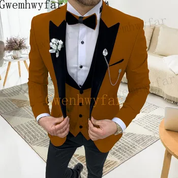 Gwenhwyfar Slim Fit Мужские костюмы 3 шт. Повседневная мужская модная куртка Двойной свободный жилет с брюками Козырьки с лацканом Свадебный смокинг