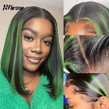 Highlight 13x4 Прозрачные кружевные фронтальные парики Highlight Зеленый цвет человеческих волос Кружевной передний парик Прямой боб Парик для женщин