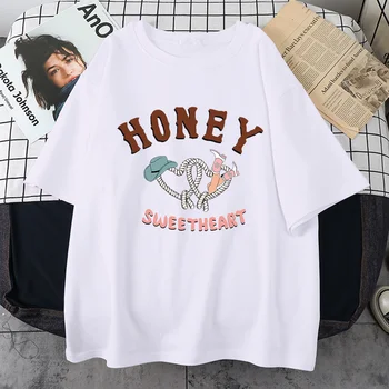 Honey Sweetheart Western Cowgirl Женская футболка Лето Harajuku Футболки Круглый вырез Хип-хоп одежда Симпатичные качественные футболки Женщина