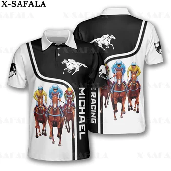 Horse Racer Конный Черный Белый Индивидуальный 3D Полностью Печатный Мужчины Тонкая Рубашка Поло Воротник Короткий Рукав Уличная Одежда Повседневная Футболка-2