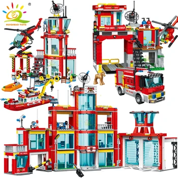 HUIQIBAO Пожарная станция Модель строительных блоков Грузовик Вертолет Автомобиль Пожарный Кирпичи Город Развивающие игрушки Для Детей Подарок