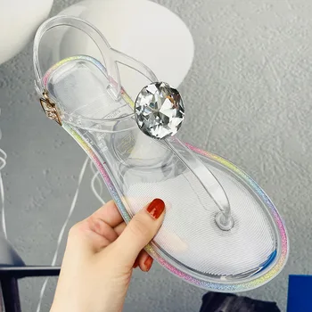 Jelly Т-образные босоножки ПВХ женские плоскодонные прозрачные повседневные пляжные прозрачные хрустальные босоножки прозрачная женская обувь