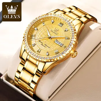 OLEVS Золотые часы для мужчин Дата Неделя Циферблат Водонепроницаемый HD Люминесцентный нержавеющая сталь Мода Бизнес Автоматические механические наручные часы
