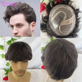 Pwigs Quality 510 # 90% Human 5 Brown Hair Mixed10% Синтетические седые волосы Парик для мужчин SIA PU с моно базой Мужская система волос