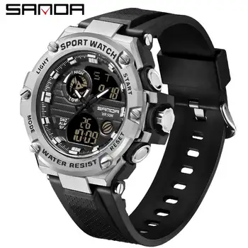 SANDA 3196 Мужские спортивные часы на открытом воздухе 50M Водонепроницаемые светодиодные цифровые часы с датой G style Двойной дисплей Электронные мужские наручные часы