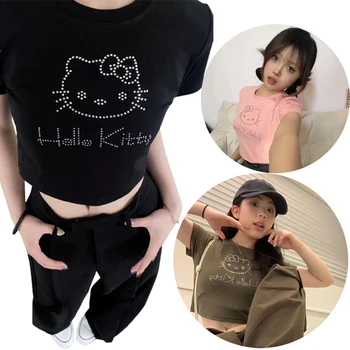 Sanrio Hello Kitty Футболка Мода Y2k Женщины Укороченный топ Повседневный круглый вырез с короткими рукавами Топ Harajuku Streetwear Футболка Одежда