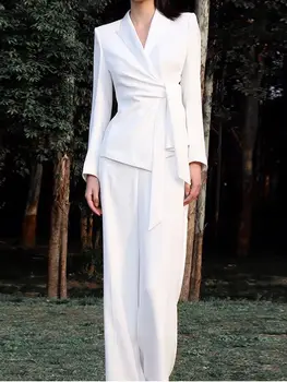 Tesco Элегантный женский осенний костюм Белый пиджак Пиджак + широкие брюки 2 шт. Французский пиджак на бретелях Повседневные шикарные женские наряды