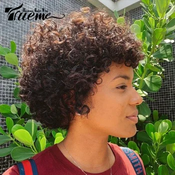 Trueme Afro Кудрявые парики из натуральных волос для женщин Короткий парик Pixie Cut Curly Human Hair Парик Бразильский коричневый полный парик машинного производства