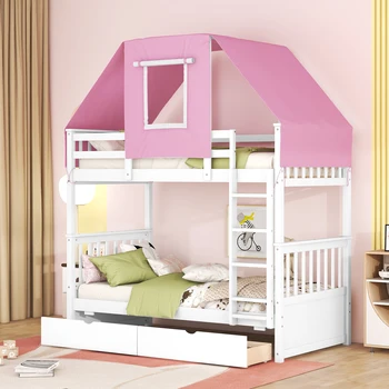 Twin Over Twin Двухъярусная кровать Деревянная кровать с тентом и ящиками, Белая + Розовая палатка