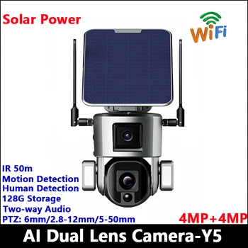  Wi-Fi Солнечная двухлинейная камера, 4 МП + 4 МП широкоугольная + PTZ, интеллектуальный анализ с искусственным интеллектом, обнаружение движения, ИК-излучение 50 м, двусторонняя аудиосвязь