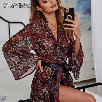 [YI&YING] Европейские и американские пижамы Сексуальное утреннее платье Домашний халат Новая удобная женская пижама в клетку с леопардовым принтом ZC778