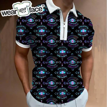 Абстрактные глаза 3D Напечатанная рубашка-поло на молнии Летняя уличная одежда Повседневная хипстерская мужская одежда с коротким рукавом