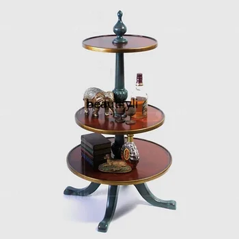 Американский кантри Массив дерева Круглый чайный столик Гостиная Состаренный золотой угловой стол Многослойный стеллаж для хранения