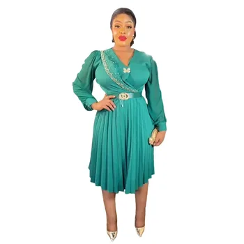 Африканские плиссированные платья для женщин Лето Африканский V-образный вырез с длинным рукавом Полиэстер Белый Зеленый Черное Платье Африканская одежда L-3XL
