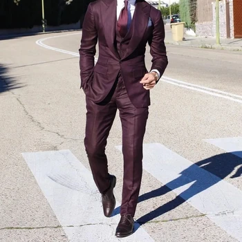 бордовый Мужские костюмы Модный блейзер Комплекты Дизайн 3 шт. Мужской костюм Свадебная вечеринка Формальный мужской костюм Homme (пиджак + жилет + брюки)