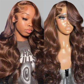 бразильский Body Wave Шоколадно-коричневые лобные парики Человеческие волосы 13x4 Прозрачный кружевной передний парик предварительно выщипанный цветной парик для женщин