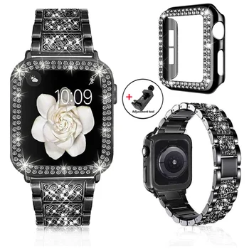 Бриллиантовый ремешок + чехол для ремешка Apple Watch 44 мм 45 мм 41 мм 40 мм 42 мм 38 мм Женский металлический браслет для iwatch series 9 8 7 6 5 4 3 SE 2