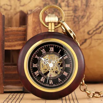 Винтажные мужские автоматические механические карманные часы из красного дерева римские цифры циферблат с открытым циферблатом антикварный стильный кулон мужские часы