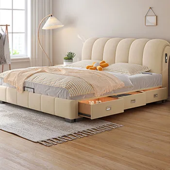 Выдвижные ящики Изголовье кровати Европейская простая деревянная многофункциональная двуспальная кровать Спальный белый Meubles De Chambre Мебель