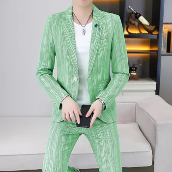 Высококачественный корейский костюм (костюм + брюки) Стильный и красивый клетчатый мужской мужской полосатый молодежный красивый корейский тонкий костюм