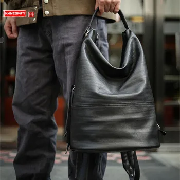 Высококачественный мужской рюкзак Сумка для компьютера Рюкзаки для путешествий на открытом воздухе Мягкая черная кожа растительного дубления Повседневная мужская сумка