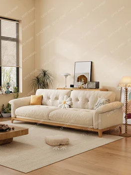Деревянный диван Fengyunduo из массива дерева Маленькая квартира Гостиная Прямой ряд Трехместный Скандинавская технология Фланелевый белый восковой диван