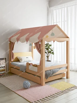 Детская кровать Кровать для девочек Деревянная кровать для дома Двухъярусная кровать с забором Палатка для мальчиков из массива дерева Кровать принцессы