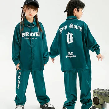 Детские хип-хоп танцевальные костюмы для детей Свободные зеленые рубашки Хип-хоп Брюки Костюм Девочки Джаз Уличная одежда Мальчики Рейв-одежда DQS11495