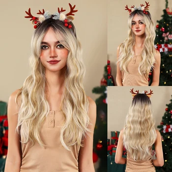 Длинный омбре Платиновый ежедневный парик с челкой Натуральные волнистые рождественские парики для женщин Удобные синтетические волосы для вечеринок Термостойкие