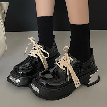 Женская обувь на платформе Металлическое украшение Роскошные лоферы на шнуровке Повседневная модная обувь на открытом воздухе PU кожа оксфорды для женщин 35-40