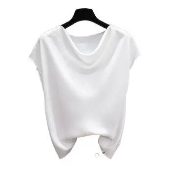 Женская стильная одежда Женщины 2023 Лето Уличная одежда Качающийся воротник Простые атласные футболки Элегантная офисная блузка Camisas