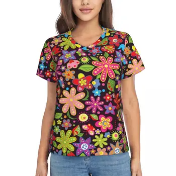 Женская футболка Лето Flower Power Футболка Хиппи Цветочные лепестки Y2K Ретро Футболки V Neck Street Wear Графические топы оверсайз