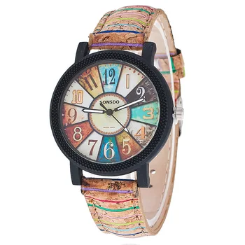 Женские фирменные часы в стиле ретро, кожаный ремешок с рисунком дерева, студенческие женские кварцевые часы, модные и элегантные V53