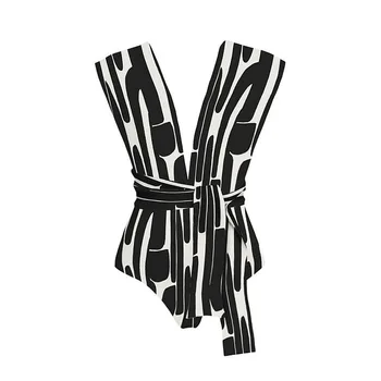 Женский купальник с V-образным вырезом Черно-белый полосатый принт Цельный с завязками