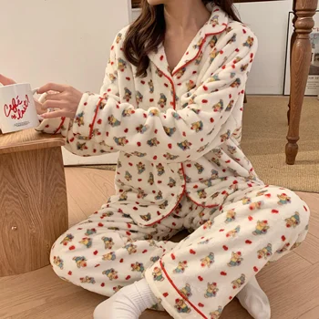 Женщины Зимняя Фланелевая Мягкая Пижама Dormir Lounge Пижамы Мультфильм Кролик Теплая Пижама Mujer Спальня Домашняя одежда Женская пижама